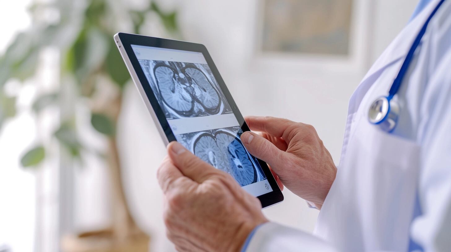 Manos de un médico senior sosteniendo una tablet que despliega una imagen de radiografía del cerebro, simbolizando el papel crucial de la tecnología en el ámbito de la medicina moderna para facilitar el examen y la detección de condiciones de salud. Esta herramienta digital permite un análisis detallado y un seguimiento eficiente, evidenciando la evolución de los métodos de diagnóstico. (Imagen ilustrativa Infobae)