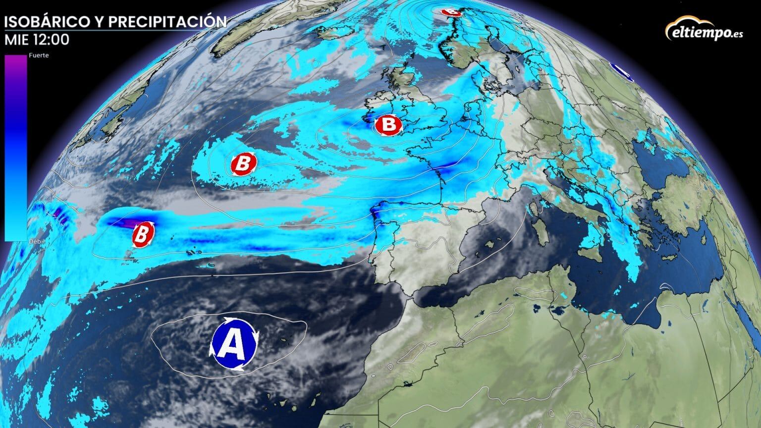 Un frente muy activo podría entrar por Galicia la tarde del martes y cruzaría la península entre miércoles y viernes con lluvias (Eltiempo.es)