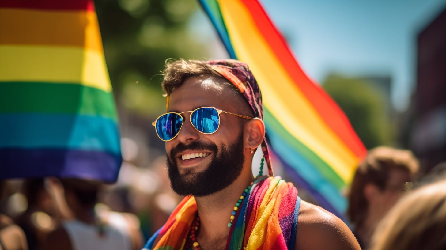 Desfile del Orgullo LGBTQ, calles llenas de colores vibrantes y empoderamiento. Trajes festivos, colores arcoíris, alegría, diversidad y comunidad LGBTQ. Amor y aceptación. Bandera arcoíris. (Imagen ilustrativa Infobae)