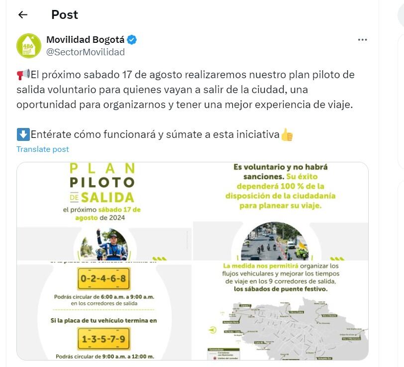 Movilidad Bogotá informaron sobre inicio de plan piloto de salida voluntario - crédito @SectorMovilidad