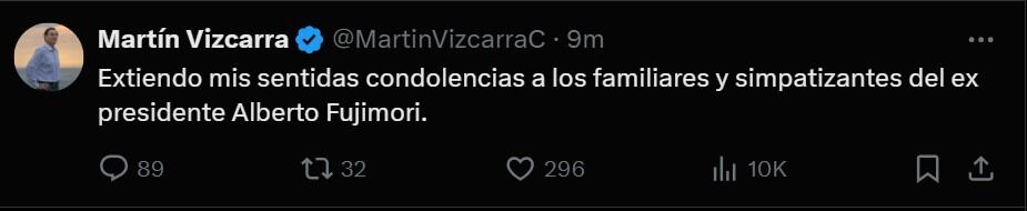 Martín Vizcarra envía condolencias a la familia de Alberto Fujimori. (Fuente: X/ @MartinVizcarraC)