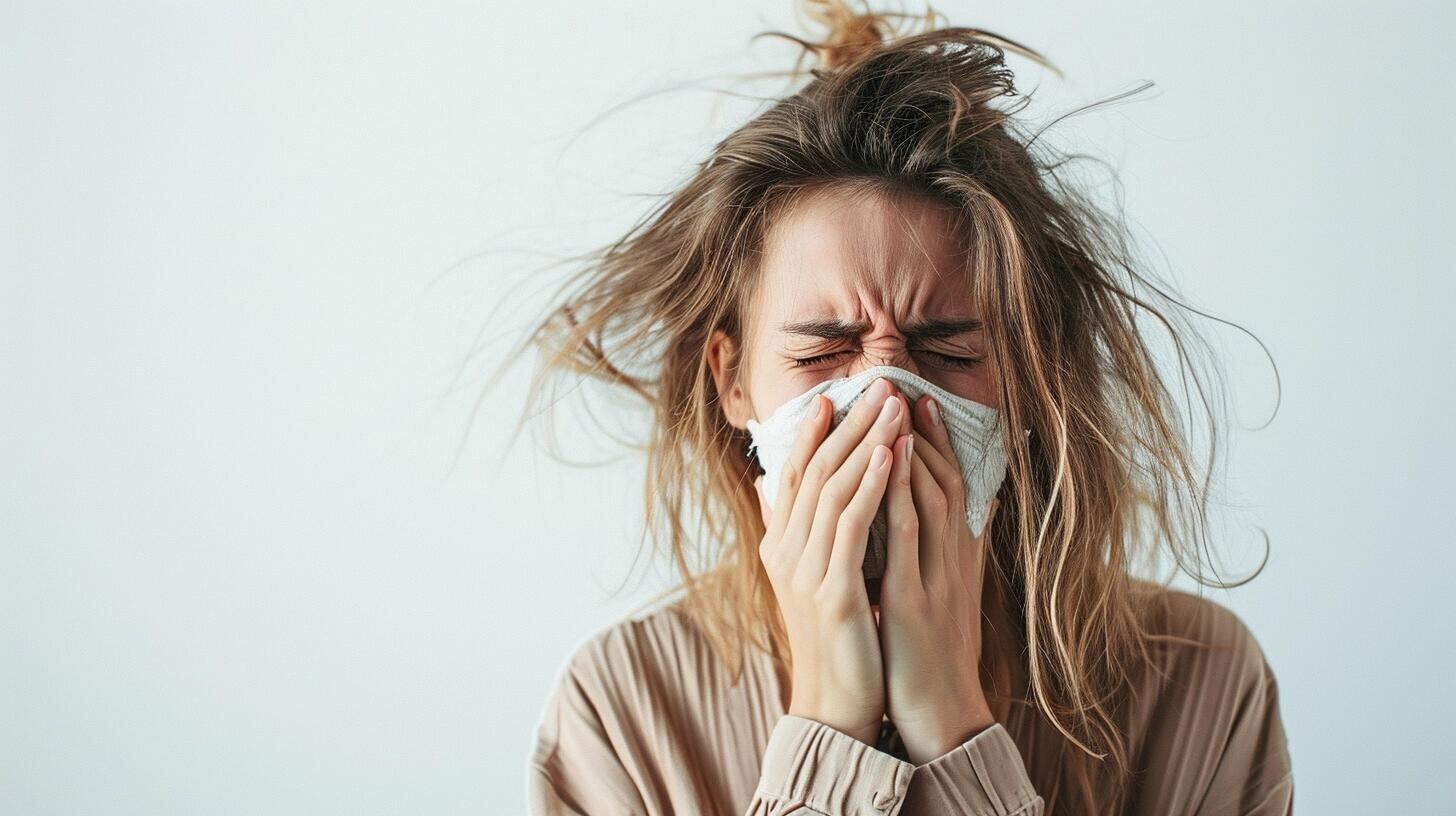 Una mujer joven se cubre la cara con un pañuelo mientras estornuda, evidenciando síntomas de un resfrío o gripe. La imagen transmite la idea del impacto de enfermedades comunes como la gripe en la vida diaria, enfocándose en los gestos habituales que acompañan estos malestares. (Imagen ilustrativa Infobae)