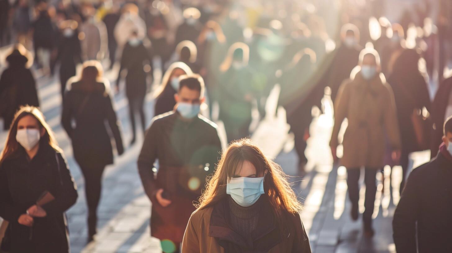 Grupo de individuos en un entorno urbano utilizando mascarillas faciales para prevenir la propagación del Covid-19. La fotografía captura el compromiso colectivo con la salud pública y las medidas de prevención contra la pandemia y enfermedades respiratorias. (Imagen ilustrativa Infobae).