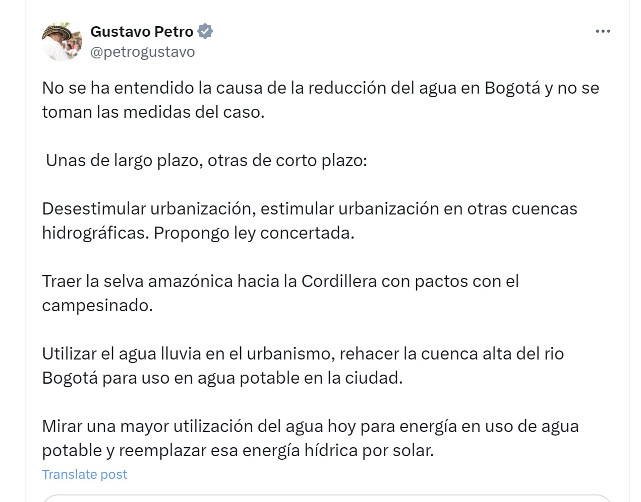 El presidente Gustavo Petro aseguró que no se ha logrado entender la causa de la reducción del agua en Bogotá - crédito @petrogustavo/X