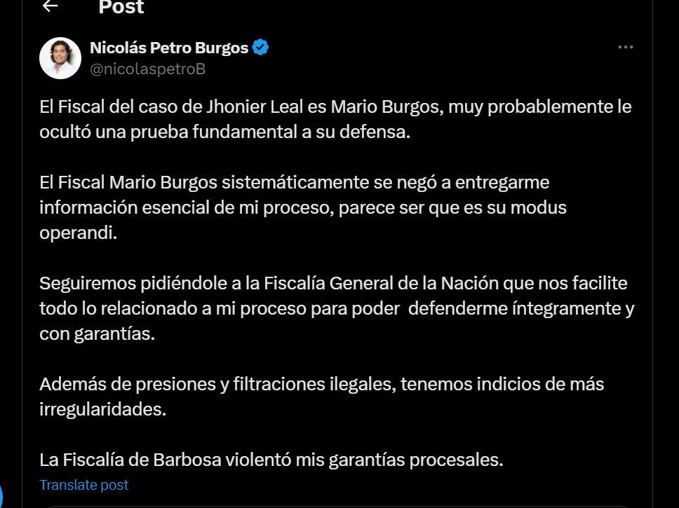 Nicolás Petro se despachó contra Mario Burgos tras la publicación de los videos de Mauricio Leal - crédito @nicolaspetrob/X