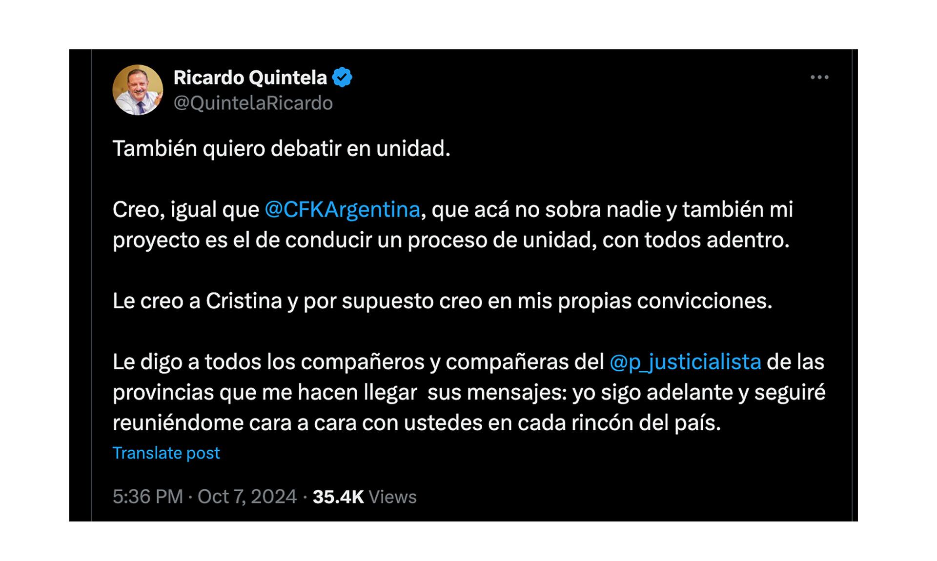 Ricardo Quintela anunció que quiere competir con Cristina Kirchner por la presidencia del PJ