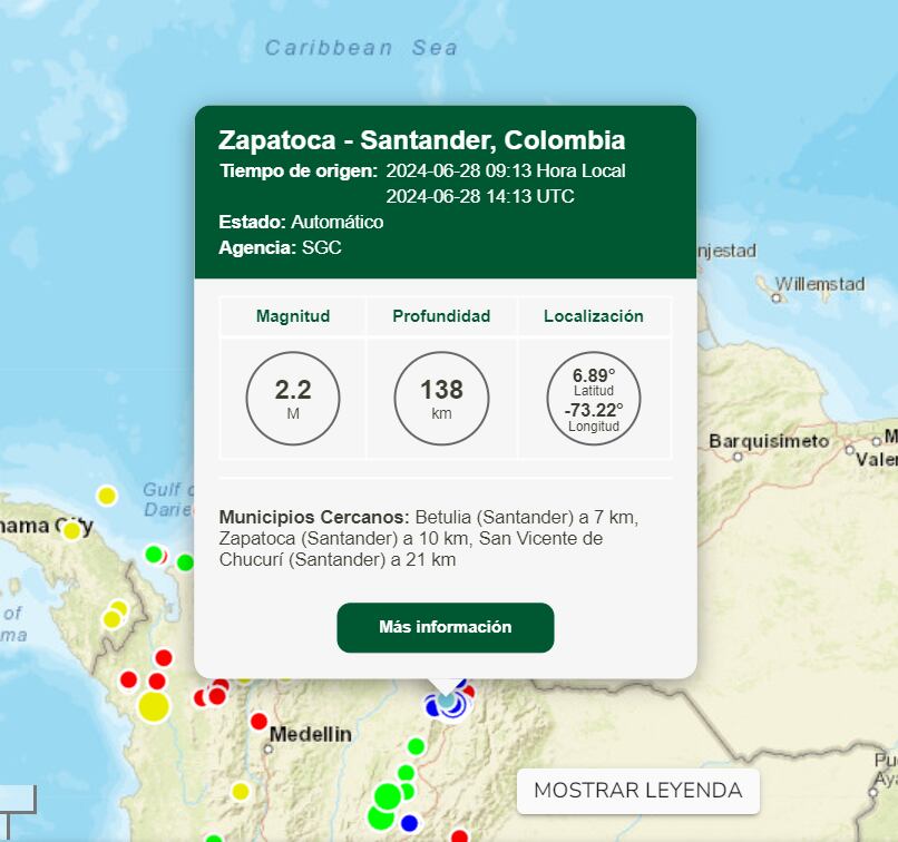 Sismo en Zapatoca, Santander - crédito SGC