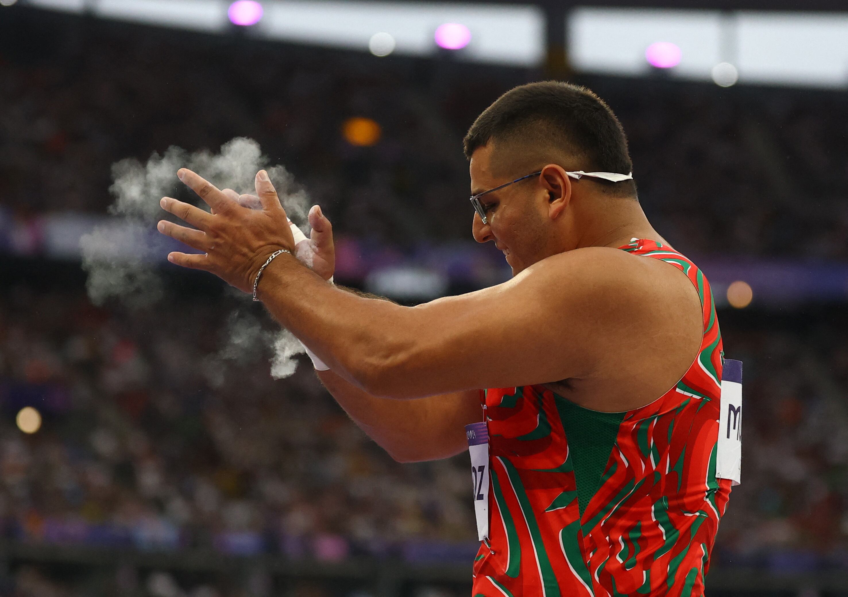 Paris 2024 Olympics - Athletics - Men's Shot Put Final - Stade de France, Saint-Denis, France - August 03, 2024. Uziel Munoz of Mexico reacts. REUTERS/Kai Pfaffenbach