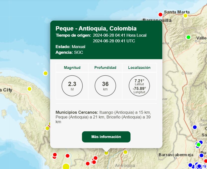 Sismo en el departamento de Antioquia - crédito SGC