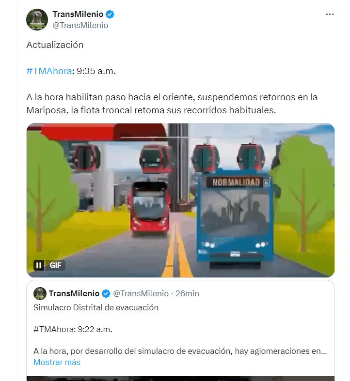 Debido a la realización del Simulacro Distrital la operación de Transmilenio se vio afectada por varios minutos - crédito @TransMilenio