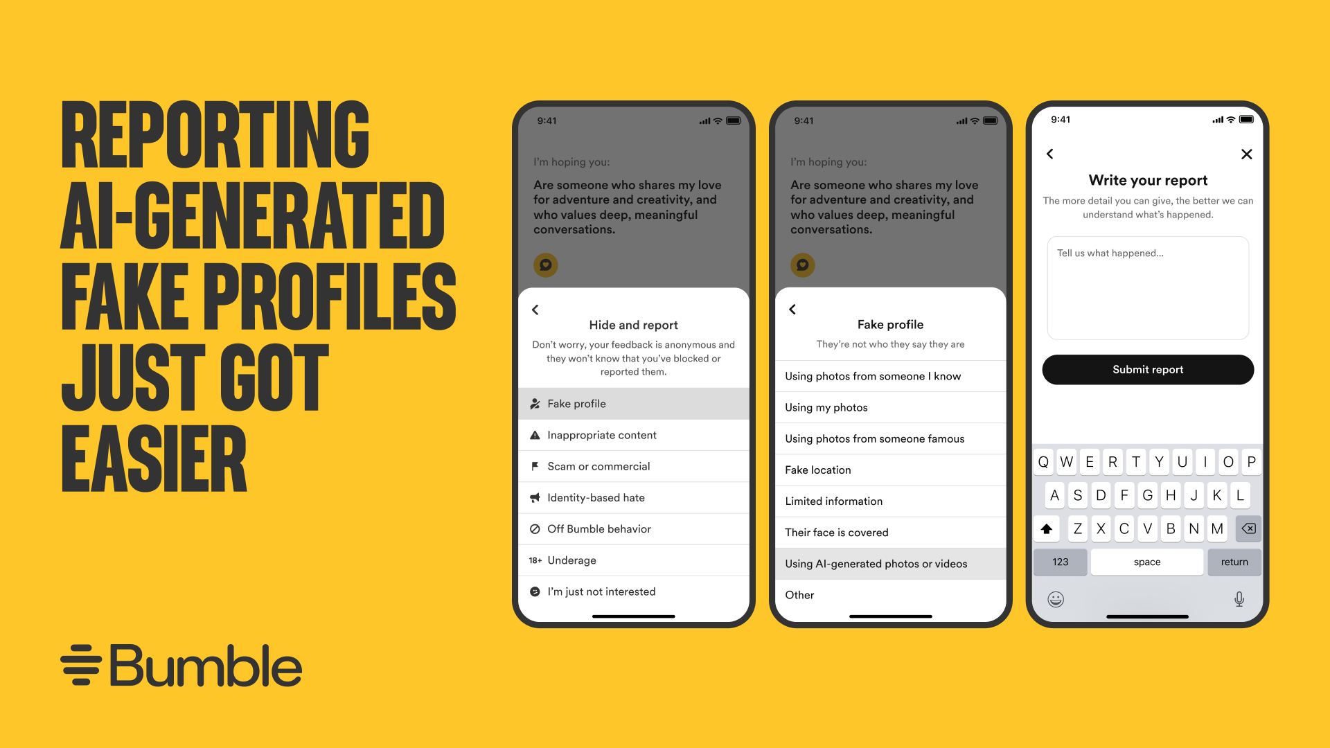 Ahora los usuarios pueden reportar perfiles que parezcan generados por IA. (Bumble)