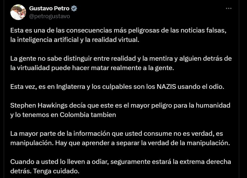 Gustavo Petro sobre el ataque a migrantes en Inglaterra - crédito @petrogustavo/X