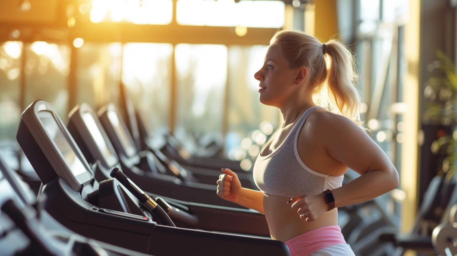 Mujer joven de talla grande corriendo en una cinta en el gimnasio, enfocada y energética, promoviendo un estilo de vida saludable. La fotografía capta su determinación y el esfuerzo físico, independientemente de su peso, enfatizando la importancia de la actividad física en el bienestar personal. (Imagen ilustrativa Infobae)