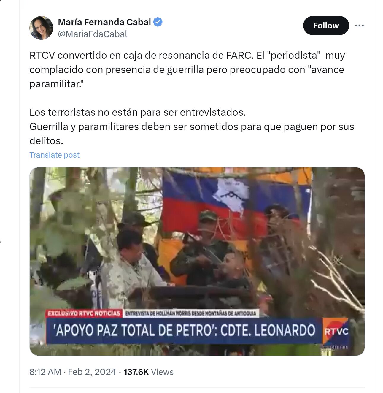 La senadora María Fernanda Cabal criticó entrevista que hizo Rtvc a comandante de dos frentes de las disidencias de las Farc - crédito @MariaFdaCabal/X