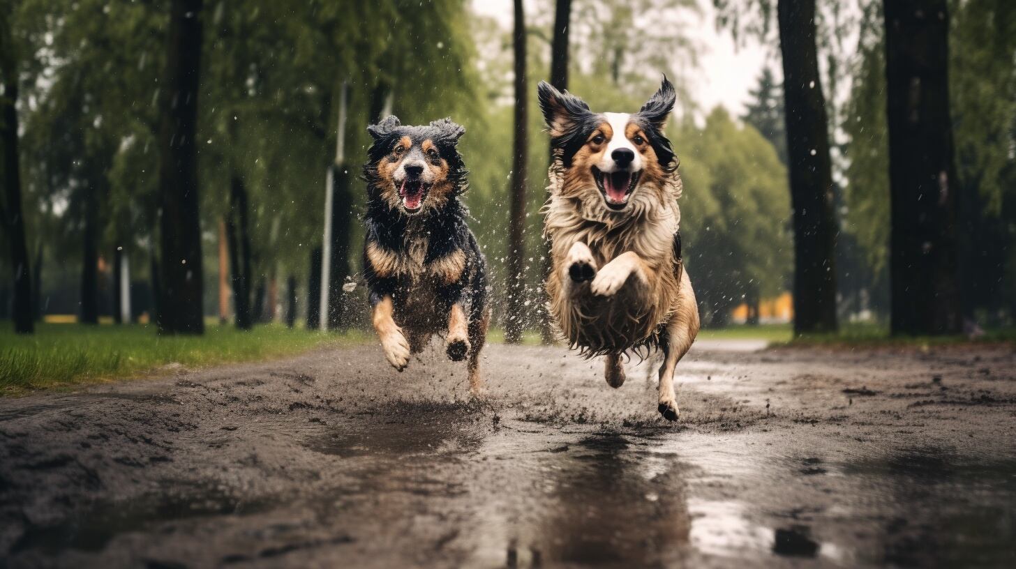 Imagen de perros jugando en un charco de lodo bajo la lluvia. Su alegría y vitalidad canina son evidentes en esta escena llena de diversión y cuidado. (Imagen ilustrativa Infobae)