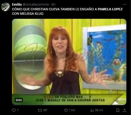 Revelaciones de Pamela López sobre Melissa Klug y Christian Cueva generan una ola de memes en redes. “El real efecto mariposa”. (Captura: 'X')