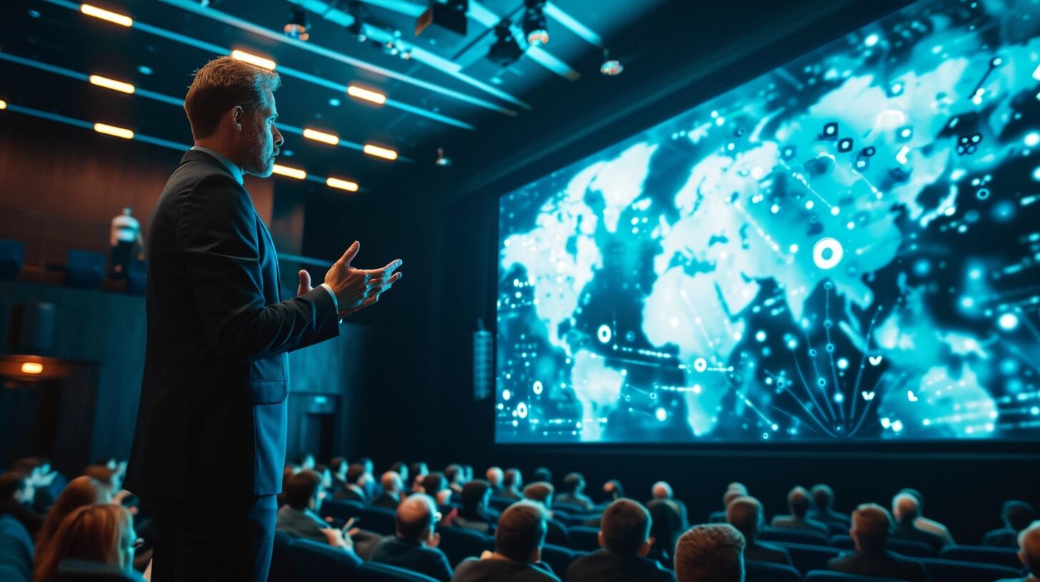 Profesional exponiendo en un auditorio sobre inteligencia artificial, con la audiencia atenta a su presentación. La fotografía ilustra la relevancia de compartir y discutir avances en tecnología, ciencia e investigación, y cómo los eventos como conferencias son vitales para la comunidad científica y tecnológica. (Imagen ilustrativa Infobae)