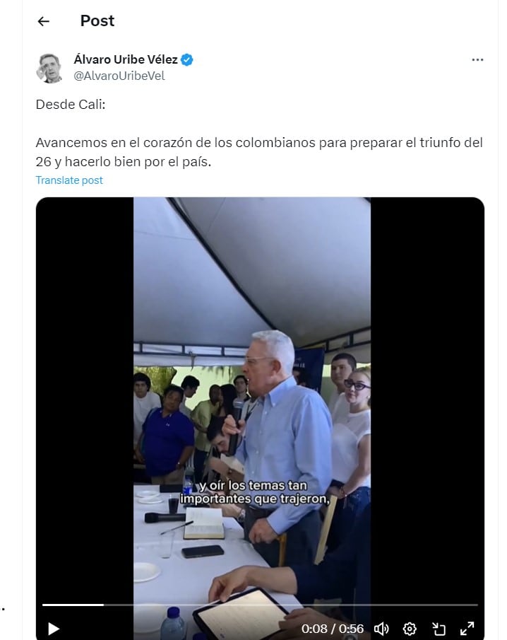 Álvaro Uribe  dice que su colectividad política tiene con que ganar las elecciones del 2026 - crédito @AlvaroUribeVel