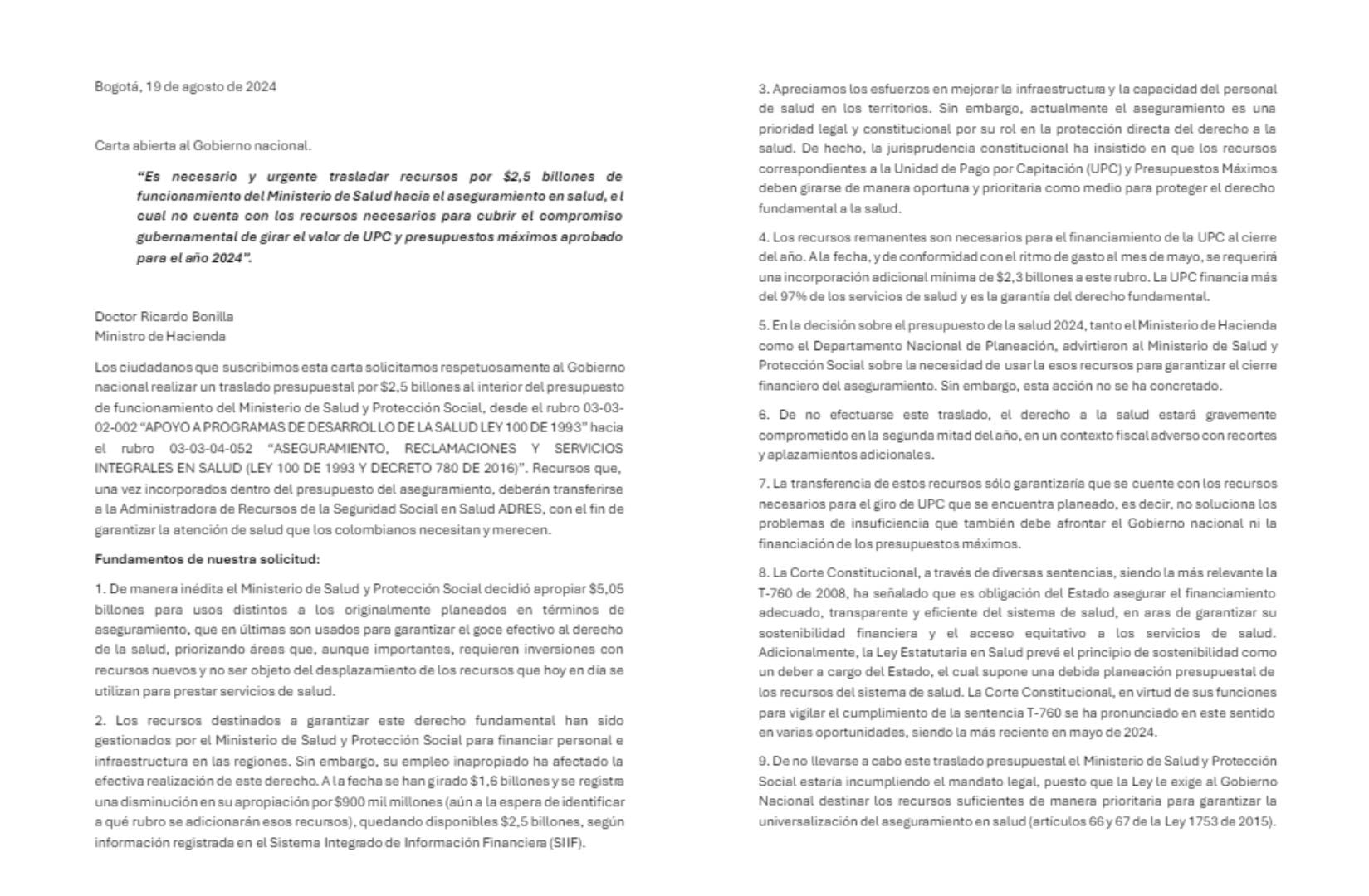 Carta por posible desfinanciación de la prestación del servicio de salud  en Colombia - crédito X