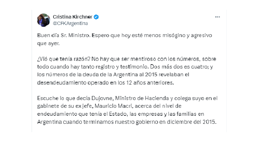 CFK retomó la pelea con Caputo en redes sociales