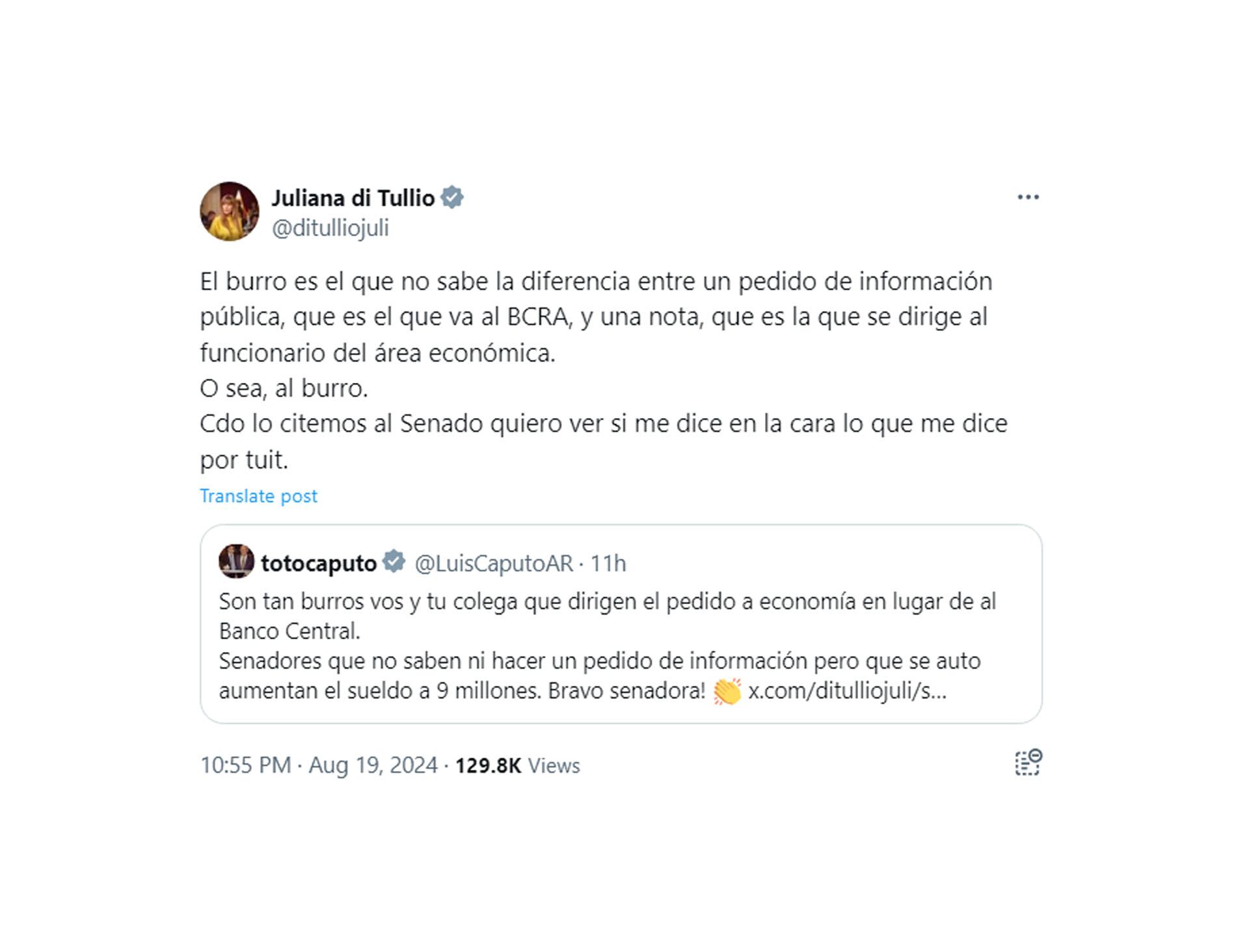 Respuesta de Juliana di Tullio al tuit de Luis Toto Caputo por las reservas de oro