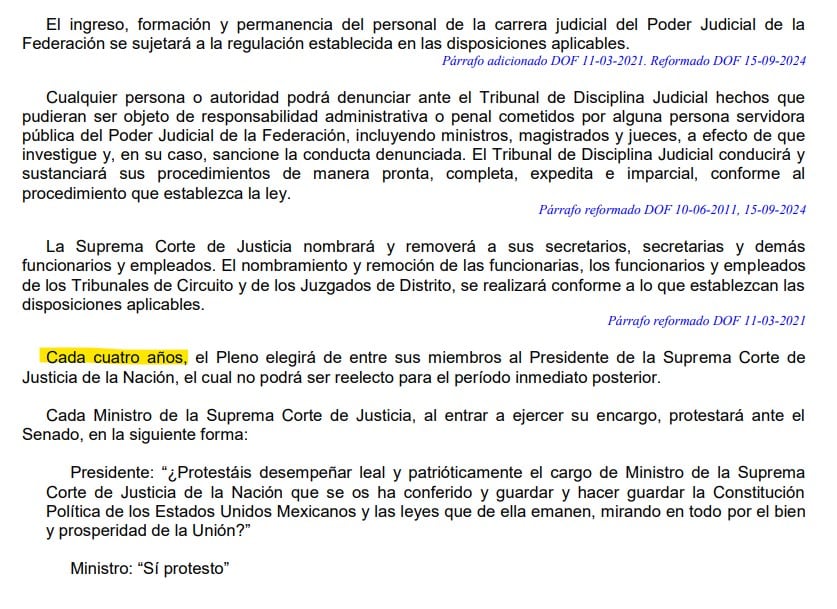 Artículo 96 constitucional sobre la presidencia de la Suprema Corte de Justicia de la Nación