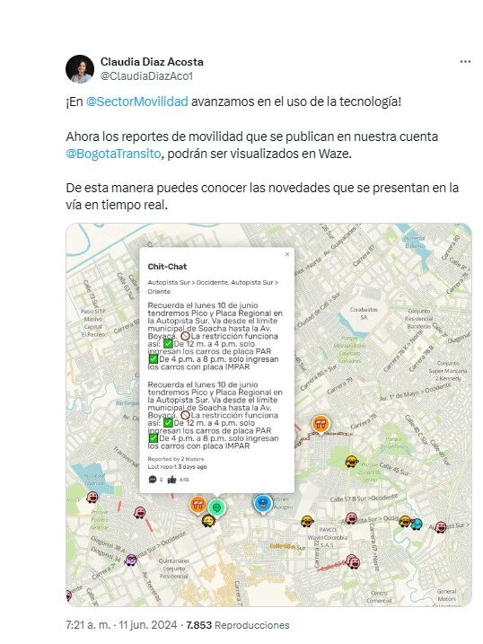 Trino secretaria de Movilidad de Bogotá sobre los reportes de esa entidad en Waze. (Crédito: @ClaudiaDiazAco1 / X)