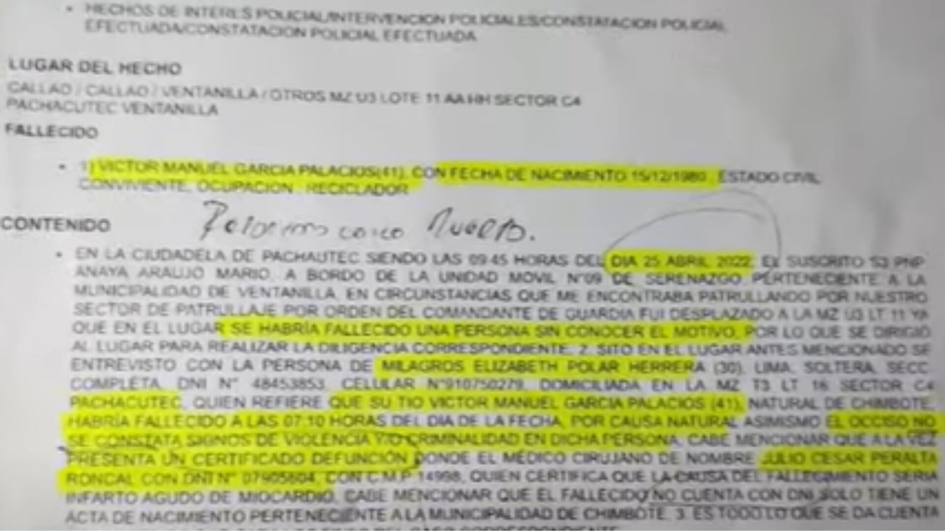 Documento policial en el que se registra la falsa muerte de Víctor Manuel García Palacios, alias 'Paco'. (Foto: Captura/Panamericana)