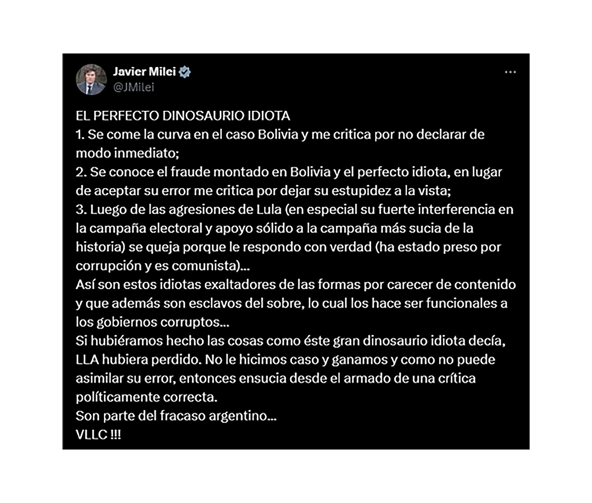 Post de Javier Milei en las redes sociales