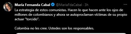 Senadora Cabal reaccionó al extenso mensaje del presidente Petro desestimando las declaraciones de Olmedo López - crédito @Mariafdacabal/X