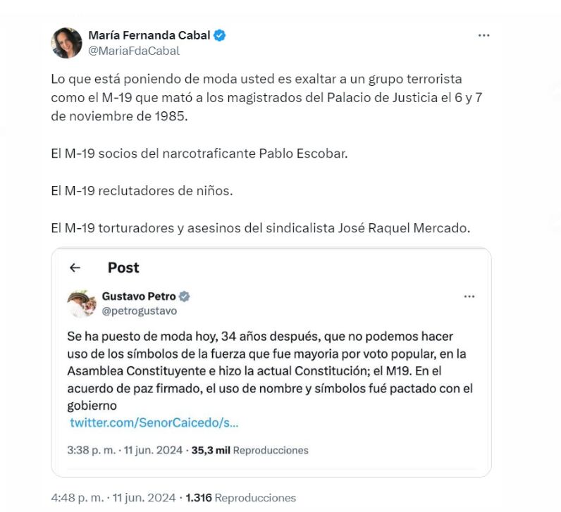 María Fernanda Cabal mencionó la toma del Palacio de Justicia y la conexión con Pablo Escobar al referirse al M-19 y sus símbolos - crédito @MariaFdaCabal/X