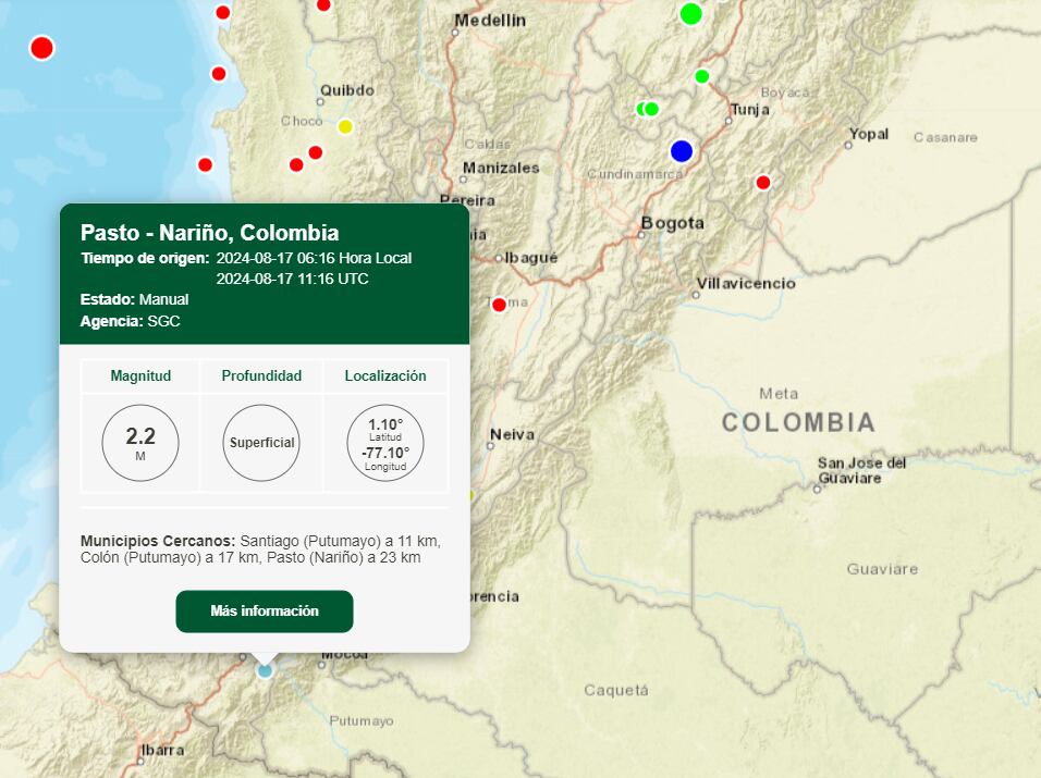 Dos horas antes en el mismo departamento se registró otro movimiento telúrico superficial - crédito Servicio Geológico Colombia/portal web