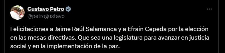 Presidente Petro felicitó a los nuevos presidente del Senado y Cámara de Representantes - crédito @petrogustavo/X