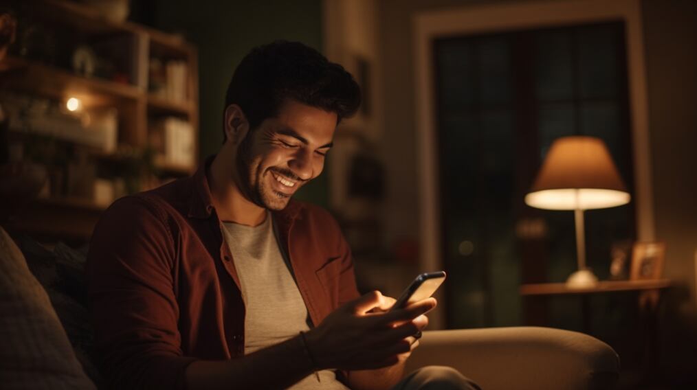 Joven recibe un mensaje esperado en su smartphone y sonríe de felicidad. (Imagen ilustrativa Infobae)