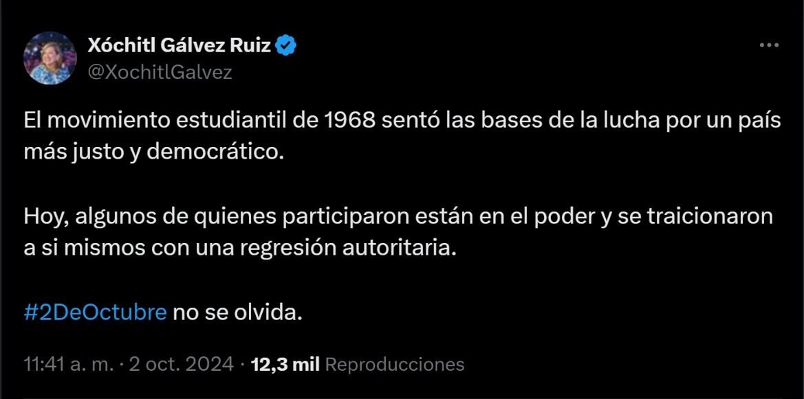 Xóchitl Gálvez publicó un mensaje a pocas horas de que el gobierno de Sheinbaum ofreció una disculpa pública por la matanza del 68. | Captura de pantalla X - Xóchitl Gálvez