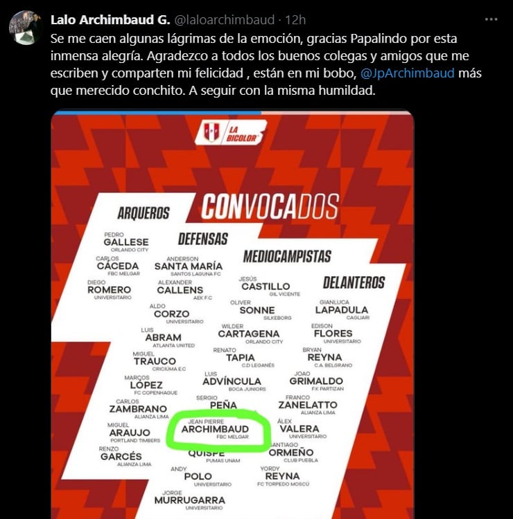 El emotivo mensaje de Lalo Archimbaud por la convocatoria de su hijo Jean Pierre a la selección peruana. - Crédito: @laloarchimbaud