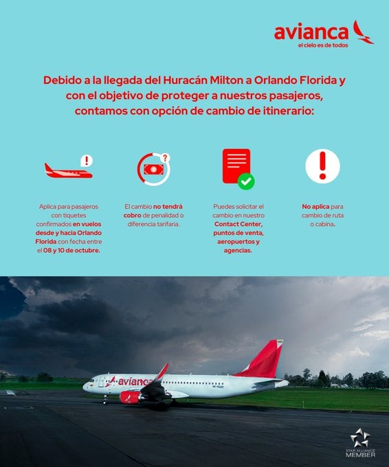 La aerolínea colombiana confirmó que, debido al cierre de la operación aérea en Florida, los vuelos hacia y desde Orlando de Aviana quedan cancelados hasta el 10 de octubre - crédito Avianca