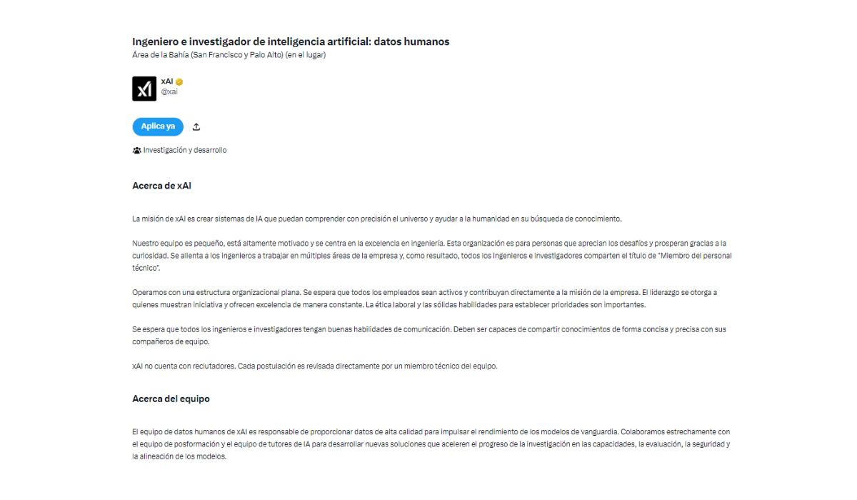 Es importante que el usuario revise las vacantes disponibles desde el sitio oficial de X de xAI. (X: xAI)