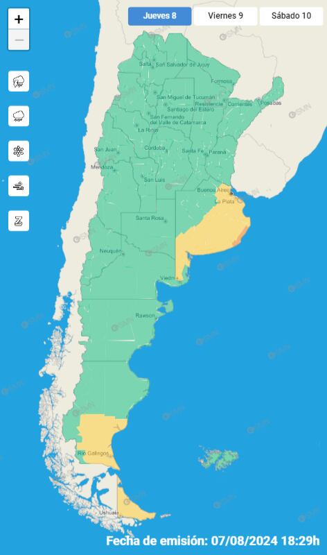 Mapa con alerta meteorológico del 8 de agosto de 2024