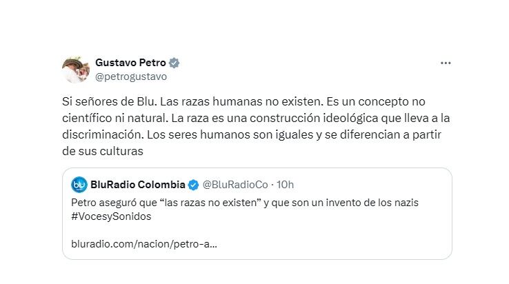 Trino del presidente Petro contra una emisora y noticiero de televisión acerca de la forma en que informaron sobre su afirmación de que las razas humanas no existen. (Crédito: @petrogustavo / X)