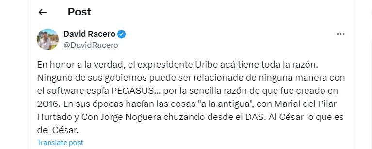 David Racero responde a Álvaro Uribe por el software Pegasus - crédito @DavidRacero