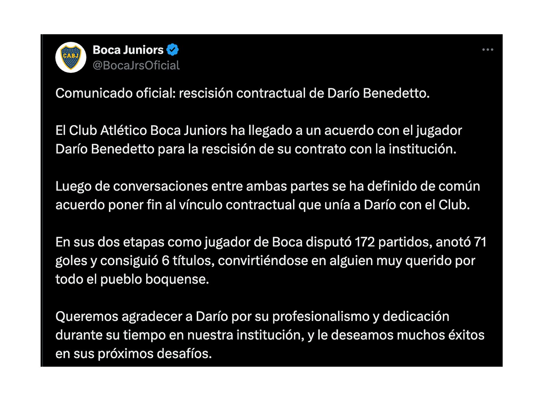 Comunicado de Boca sobre la rescisión de Benedetto