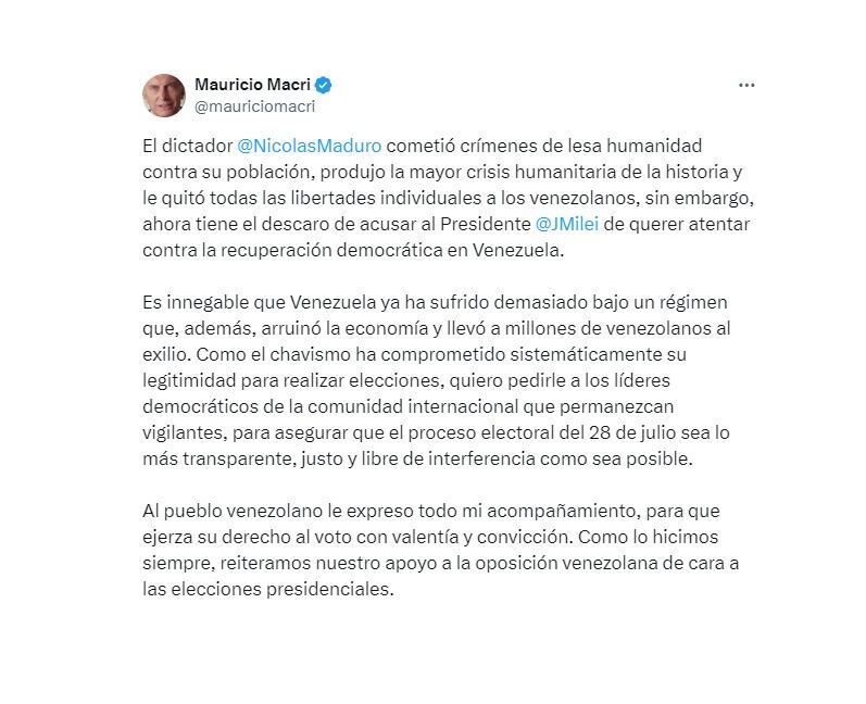 El tuit de Macri contra Maduro