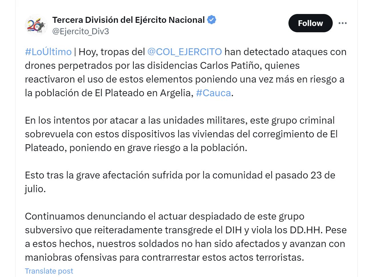 El Ejército Nacional informó que detectó ataques con drones en Argelia (Cauca)  - crédito @Ejercito_Div3/X