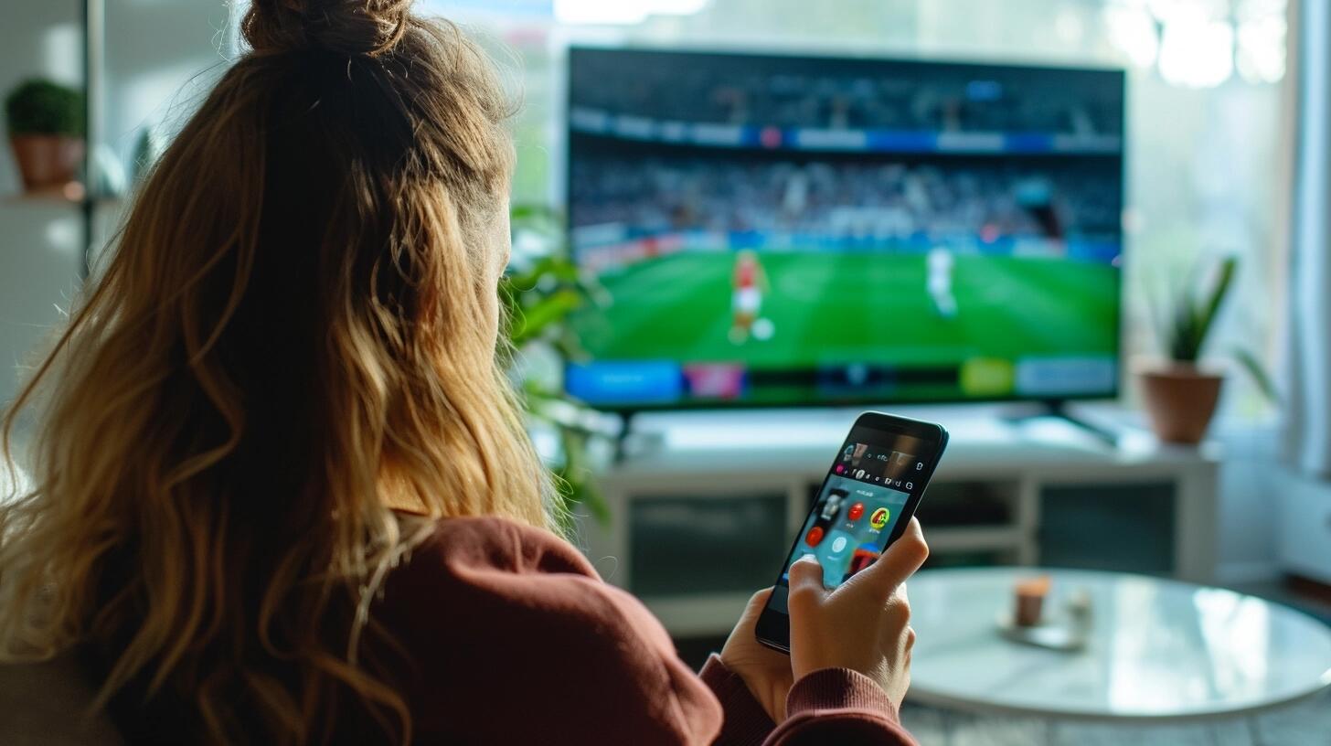 Un individuo concentrado en su teléfono móvil, con un televisor encendido en el fondo mostrando una película o serie. La imagen captura la realidad de cómo los smartphones y el acceso a internet y redes sociales han cambiado la manera en que interactuamos con los medios tradicionales, mostrando la tendencia de dividir nuestra atención entre distintas pantallas en nuestra vida diaria. (Imagen ilustrativa Infobae)