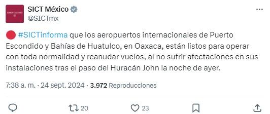 Aerolíneas sufren afectaciones por el paso del Huracán John