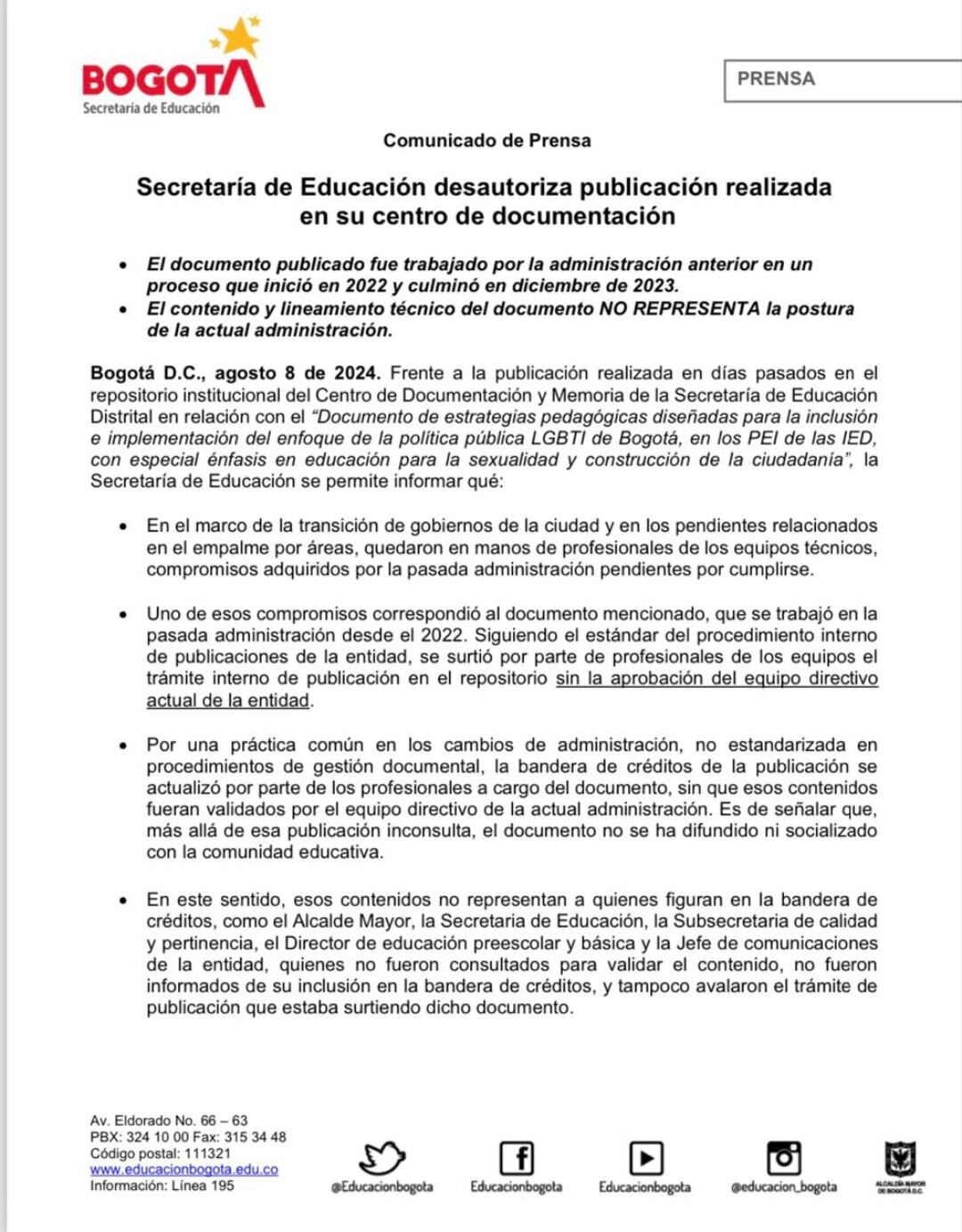 La secretaria de Educación, Isabel Segovia, desautorizó el documento publicado, argumentando que no refleja las políticas de la administración actual - crédito Secretaría de Educación de Bogotá