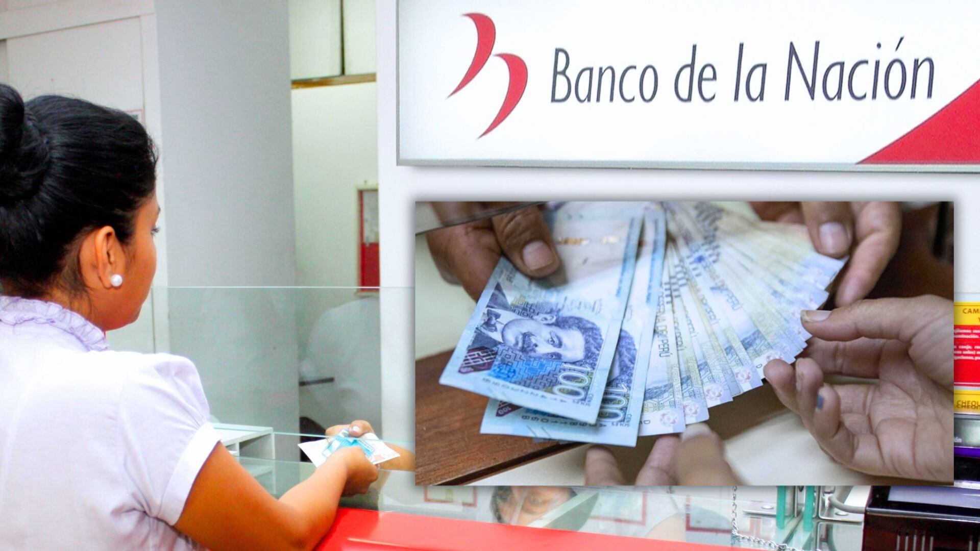 persona en banco de la nación e imagen con monto de dinero