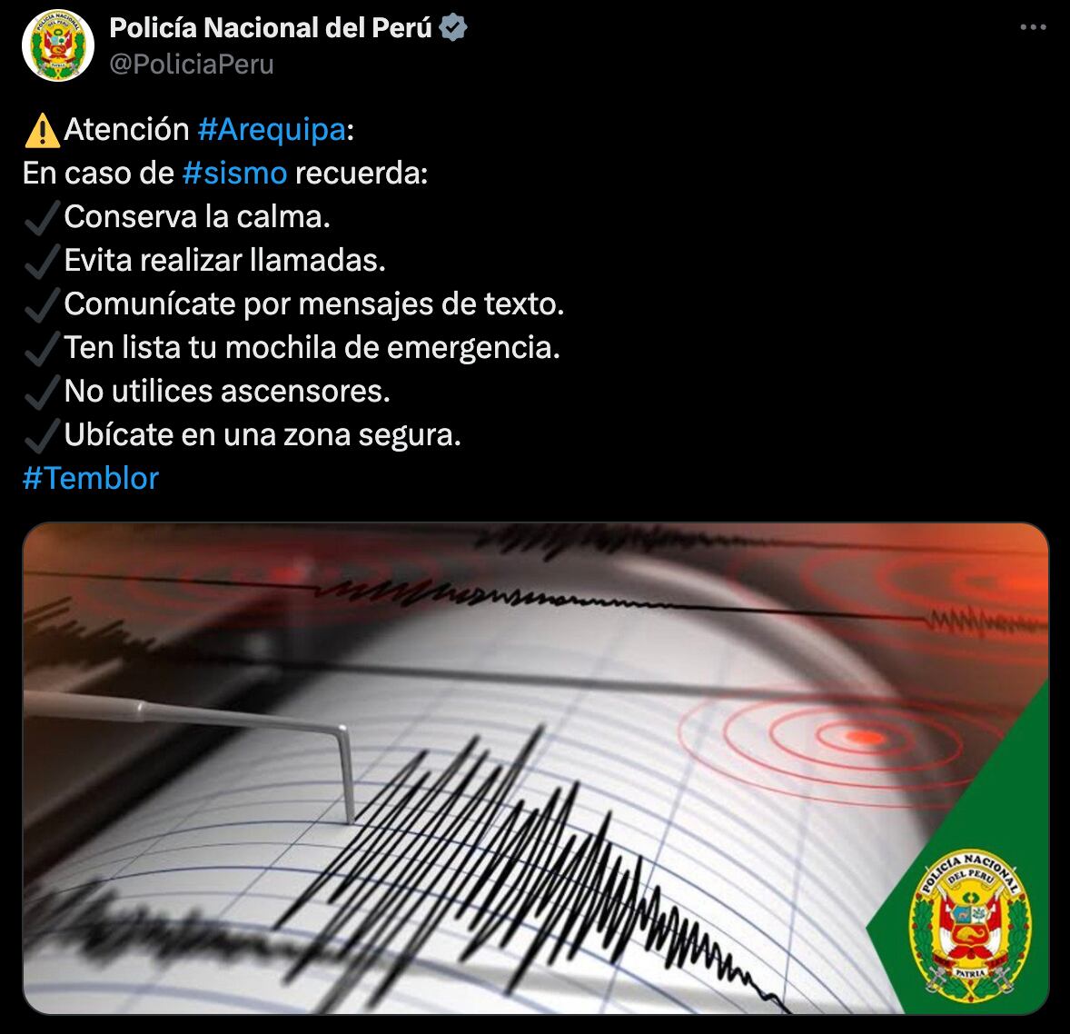 PNP da recomendaciones ante fuerte sismo en Arequipa.