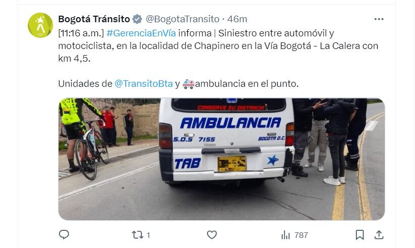 Bogotá Tránsito  informa de un accidente en la vía Bogotá- La Calera - crédito @BogotaTransito